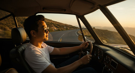 Young Asian man driving a car on a road in the mountains at sunsetの素材