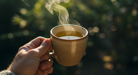 A cup of hot tea in a man's hand on a background of nature.の素材