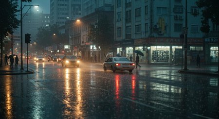 Traffic on a rainy day in the city. Motion blur.の素材