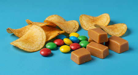 Potato chips, candies and candy on a blue background.の素材