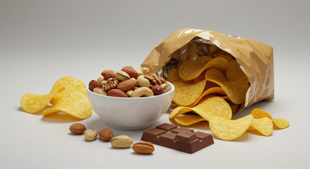 Nuts in a bowl with chips and chocolate on a white backgroundの素材