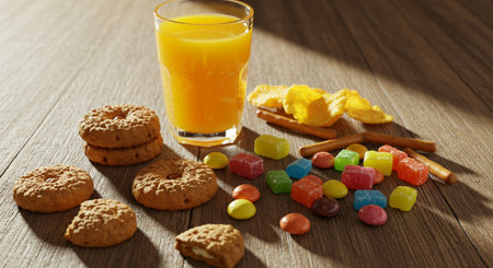 Glass of orange juice and cookies with candies on a wooden tableの素材
