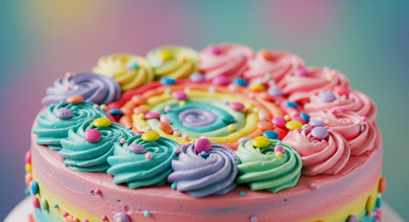 Rainbow cake with cream and sprinkles on colorful background. Selective focus.の素材