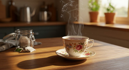 Cup of hot tea on wooden table in cafe, closeupの素材