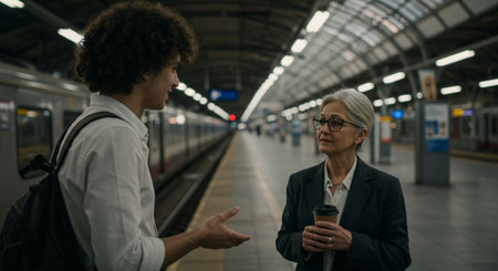 Senior businesswoman and young man talking while waiting for train at the stationの素材