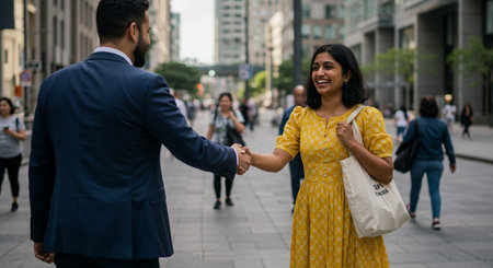 Businessman and businesswoman shaking hands while walking in the city.の素材