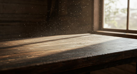 Wooden table in the room with a window and raindrops on itの素材