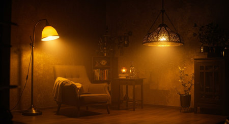 Interior of a room with a chair and a lamp in the eveningの素材