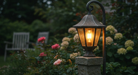 Lantern in the garden with flowers and bench in the backgroundの素材