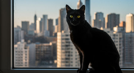 Black cat sitting on the windowsill and looking at the city.の素材