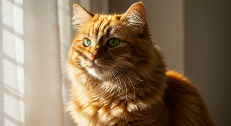 Beautiful ginger cat with green eyes sits on the windowsill and looks out the windowの素材