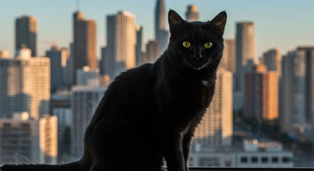 Black cat sitting on the window with cityscape in the background.の素材