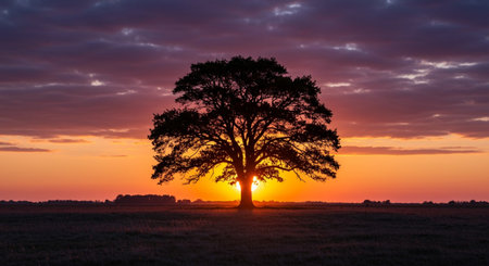 Sunset over a single tree in a field in the UK.の素材