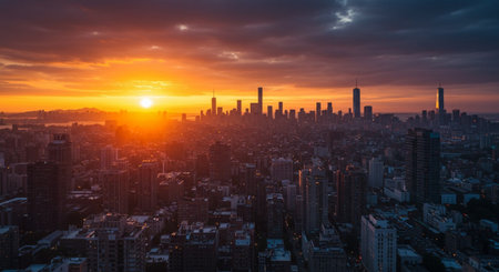 Asia Business concept for real estate and corporate construction - panoramic modern city skyline bird eye aerial view under dramatic sunset and sunrise sky in Taipei, Taiwanの素材
