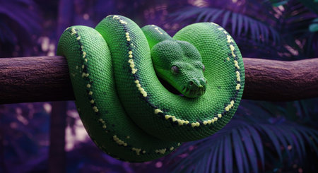 Green tree python (Reticulated python) on the branch.の素材