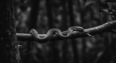 Black and white image of a snake on a branch in the forestの素材