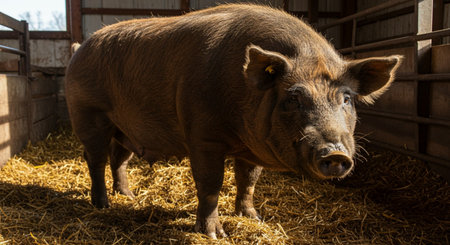 Portrait of a pig in the pen on a farm. Farm animals.の素材