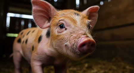 Portrait of a cute little pig in a barn on a farmの素材