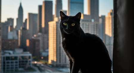 Black cat sitting on the windowsill with New York city view in the backgroundの素材