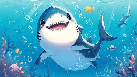 Cartoon shark in the ocean. Underwater world. Vector illustrationの素材