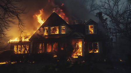 Burning house at night. Fire in the house. A burning house at nightの素材