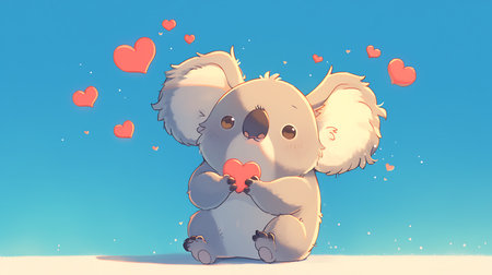 Cute cartoon koala with hearts on blue background. Valentine's day concept.の素材
