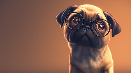 Cute pug dog wearing eyeglasses on brown background.の素材