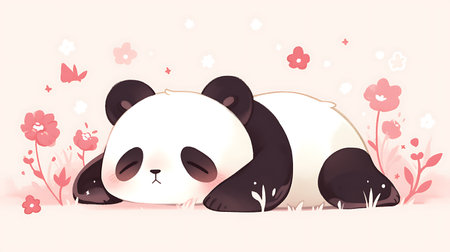 Illustration of a cute panda sleeping on a floral background.の素材