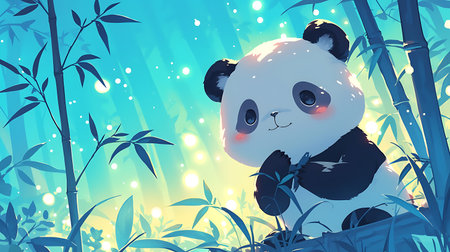 Cute cartoon panda in the bamboo forest. Vector illustration.の素材