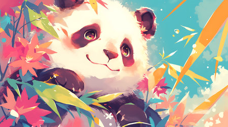 cute cartoon panda in the jungle with flowers. illustration.の素材