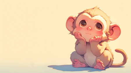 Cute cartoon monkey sitting on the floor and looking at the cameraの素材