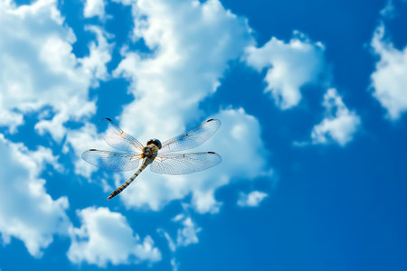 Dragonfly on the blue sky with white clouds. Nature background.の素材