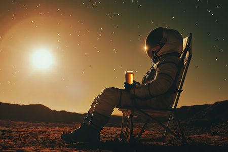 Astronaut sitting on a deck chair in the desert at sunsetの素材