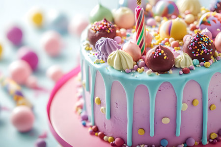 Birthday cake with colorful sprinkles and candles on a blue backgroundの素材