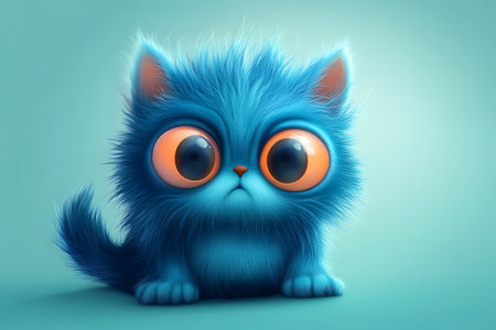 Cute blue cat with big eyes on blue background. 3D renderingの素材