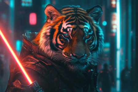 Portrait of a tiger in an aviator's suit against the background of neon lights.の素材