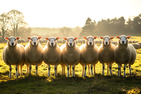 Flock of sheep in a field at sunset, England, UKの素材