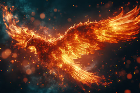 Abstract fire background with flying eagle. 3d rendering, 3d illustration.の素材