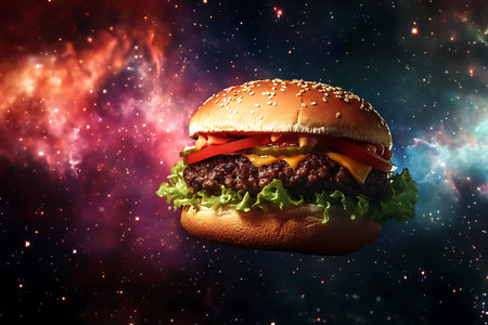 Big tasty hamburger on dark background with stars and nebula.の素材