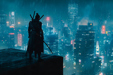 Silhouette of a samurai standing on the top of a building with a big city in the backgroundの素材