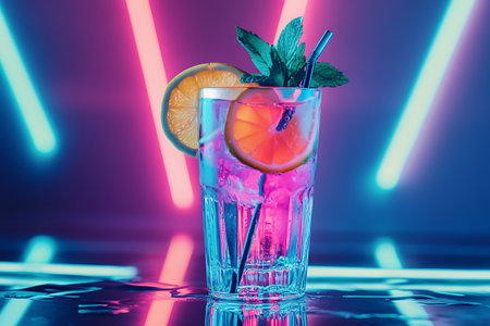 Cocktail with orange, mint and ice on a blue backgroundの素材
