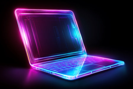 Glowing neon laptop on dark background. 3D rendering. Neonの素材