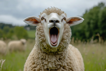 Sheep in a meadow yawning, close-up portraitの素材