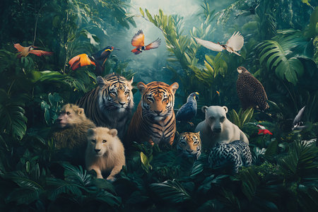 Tropical jungle with tigers and parrots. 3d renderingの素材