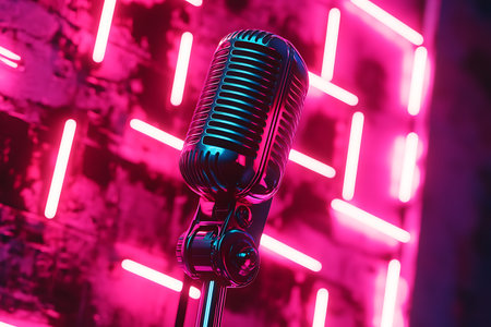 Retro microphone on the background of pink neon lights. The concept of karaoke.の素材