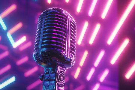Retro microphone on stage background with neon lights. 3d renderingの素材