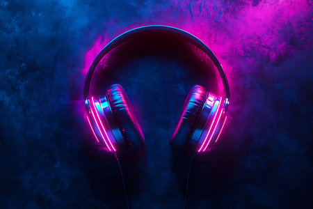 Headphones with blue and pink neon lights on a dark background.の素材