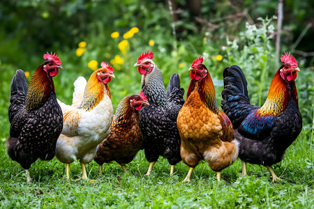 chickens and rooster in the grass, beautiful photo digital pictureの素材