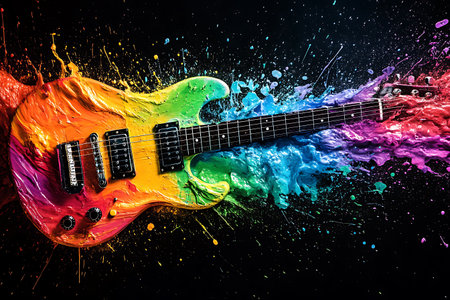 Electric guitar with colorful splashes on black background. Close-upの素材