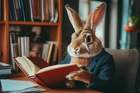 Rabbit in a suit sitting at the table and reading a bookの素材
